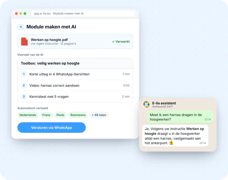 Module maken met AI uit een eigen PDF, automatisch vertaald, en de E-lia-assistent die 24/7 antwoordt