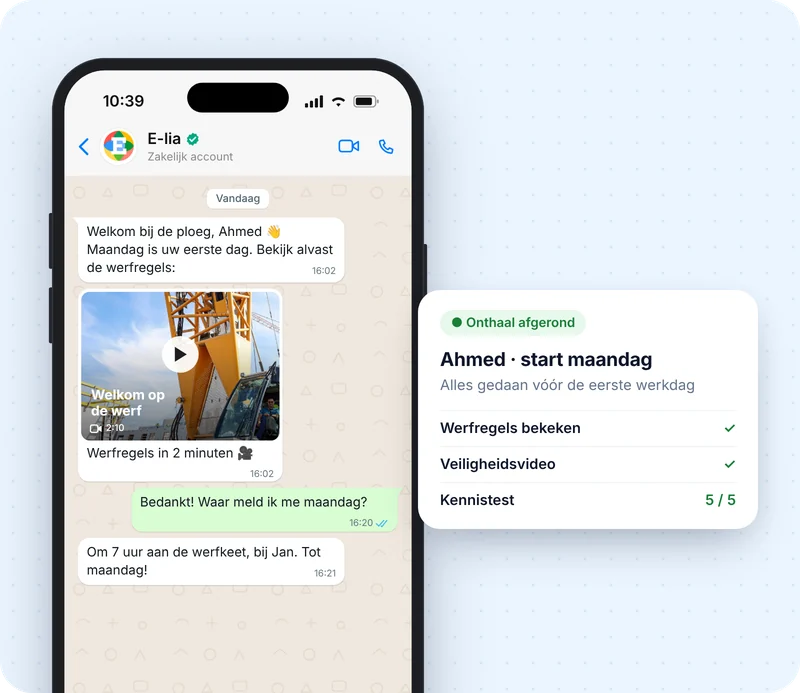 Onthaal via WhatsApp: welkomstvideo voor een nieuwe medewerker, met het afgeronde onthaal in het dashboard