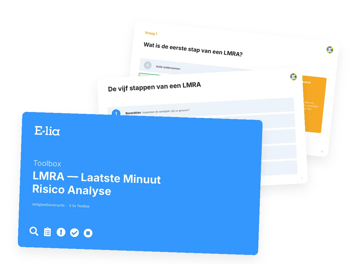 Toolbox LMRA van E-lia: PowerPoint met de vijf stappen en een quizvraag