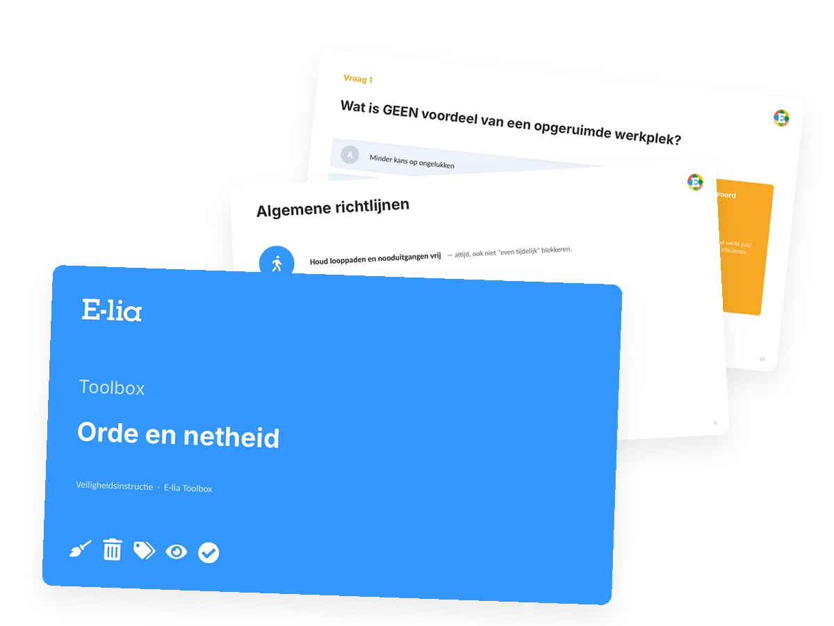 Toolbox orde en netheid op de werf van E-lia: PowerPoint met richtlijnen en een quizvraag