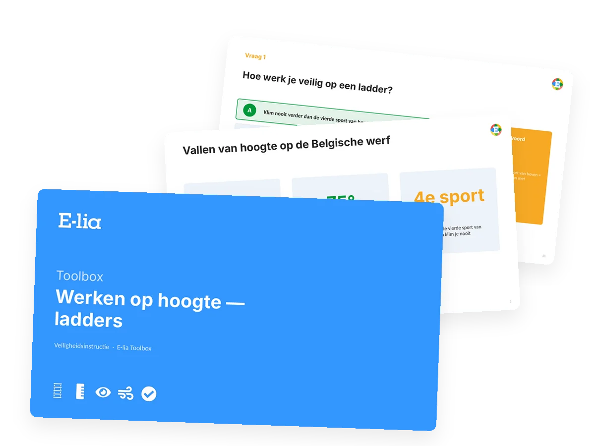 Toolbox werken op hoogte van E-lia: PowerPoint met de feiten over vallen van hoogte en een quizvraag