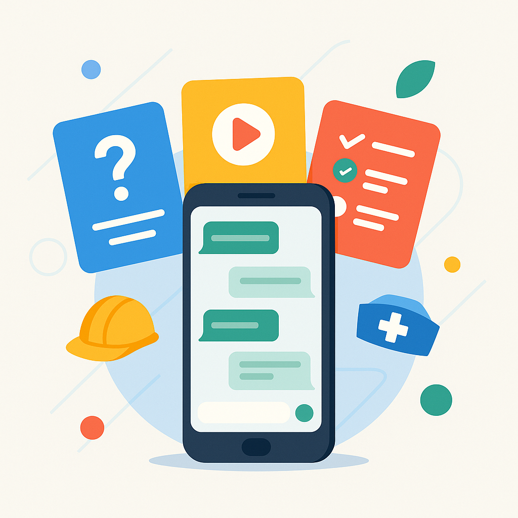 Illustratie van een smartphone waar korte leercards uit tevoorschijn komen met pictogrammen van een vraagteken, afspeelknop en checklist. De afbeelding symboliseert microlearning in kleine stappen via WhatsApp, met gebruik van E-lia kleuren blauw, groen, rood en geel op een lichte achtergrond.