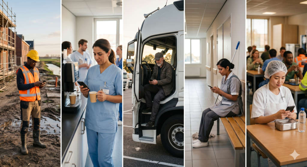 Vijf medewerkers zonder vaste werkplek &mdash; bouwvakker, verpleegkundige, vrachtwagenchauffeur, schoonmaker en voedingssector medewerker &mdash; kijken tijdens hun pauze op hun smartphone